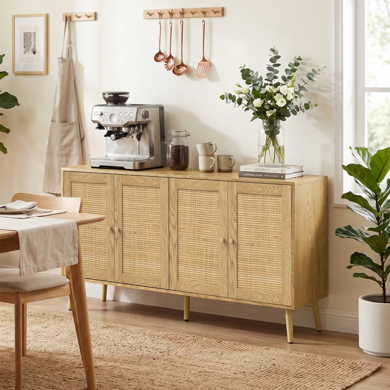 HOMCOM Rattan Sideboard mit 4 Türen, Boho Küchenbuffet mit 2 verstellbaren Einlegeböden, Holzoptik natur