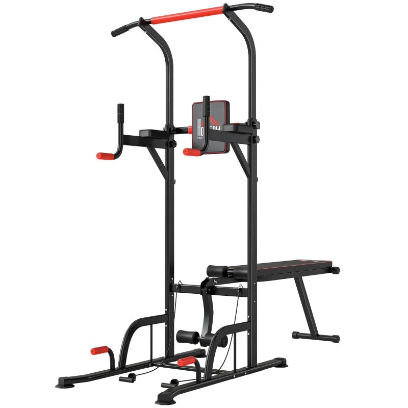 HOMCOM Barra de Dominadas Torre Entrenamiento Energía Power Tower Estación Pull Up Multifuncional Altura Ajustable 181-229 cm con Banco Plegable para Fitness Negro
