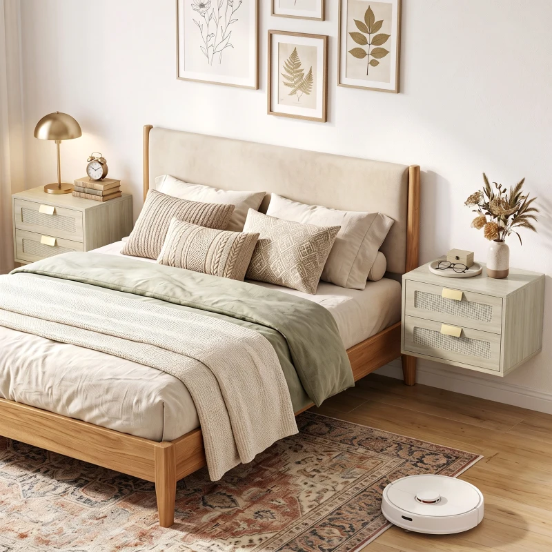 HOMCOM Juego de 2 Mesitas de Noche Flotantes con 2 Cajones con Frente de Ratán Natural para Dormitorio 40x30x27,6 cm Roble