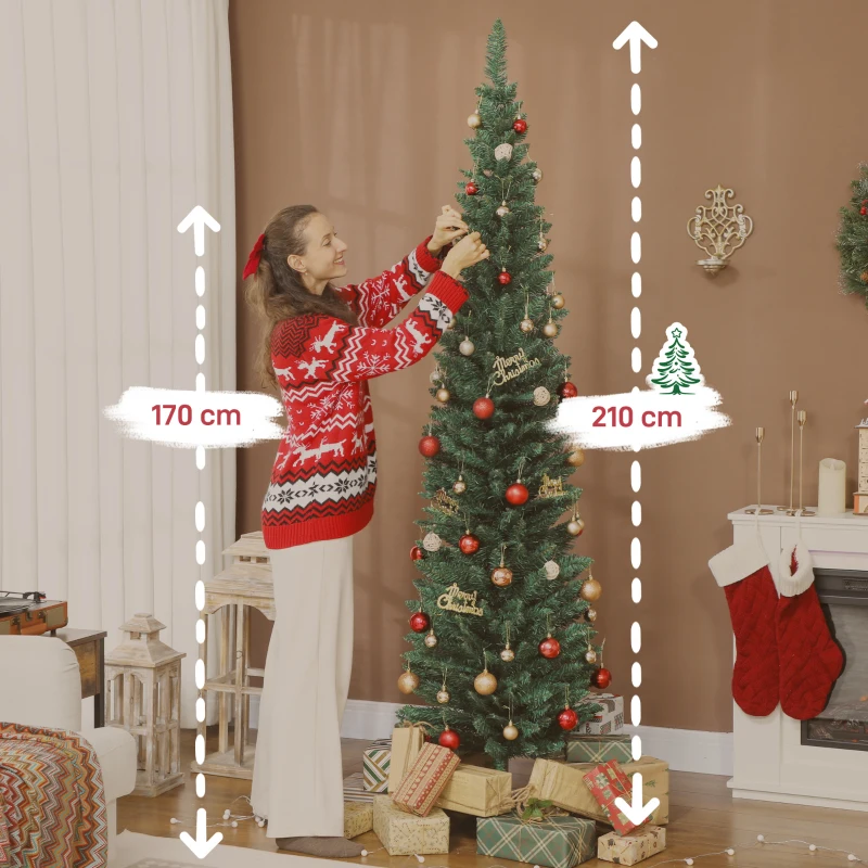 HOMCOM Árbol de Navidad Estrecho 210 cm con 401 Ramas Soporte Metálico Fácil de Montar para Interior Verde