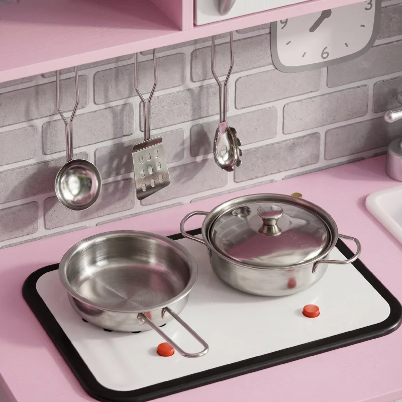 HOMCOM Bucătărie de Jucărie pentru Copii, cu Lumini și Sunete, Dozator Apă, Chiuvetă și Accesorii, MDF, PP, Roz