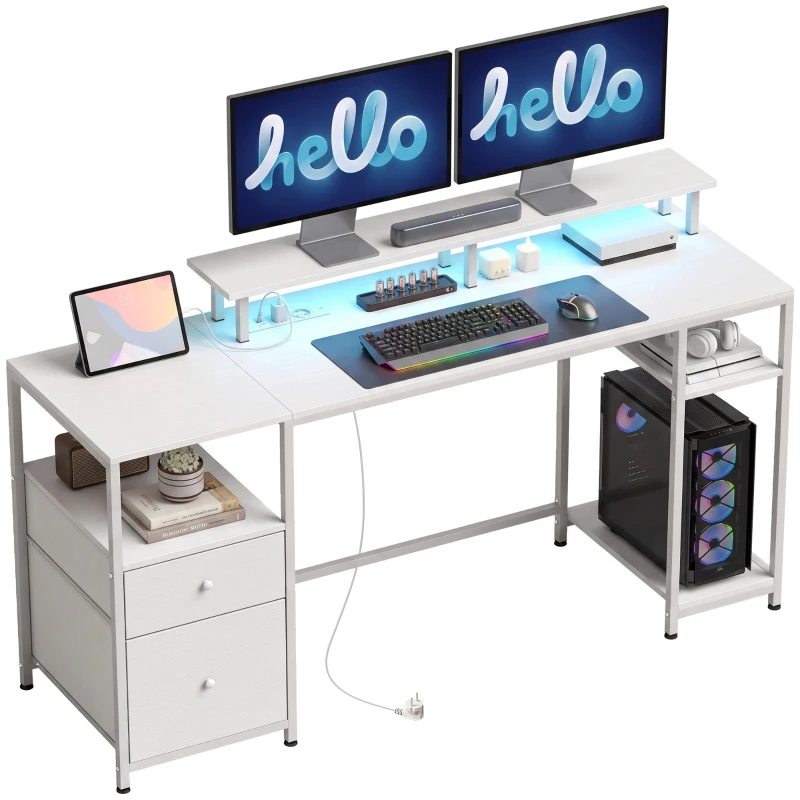 HOMCOM Masă de birou cu lumini LED, sertare, prize, porturi USB și suport pentru monitor 155,5x48x88,5 cm Alb
