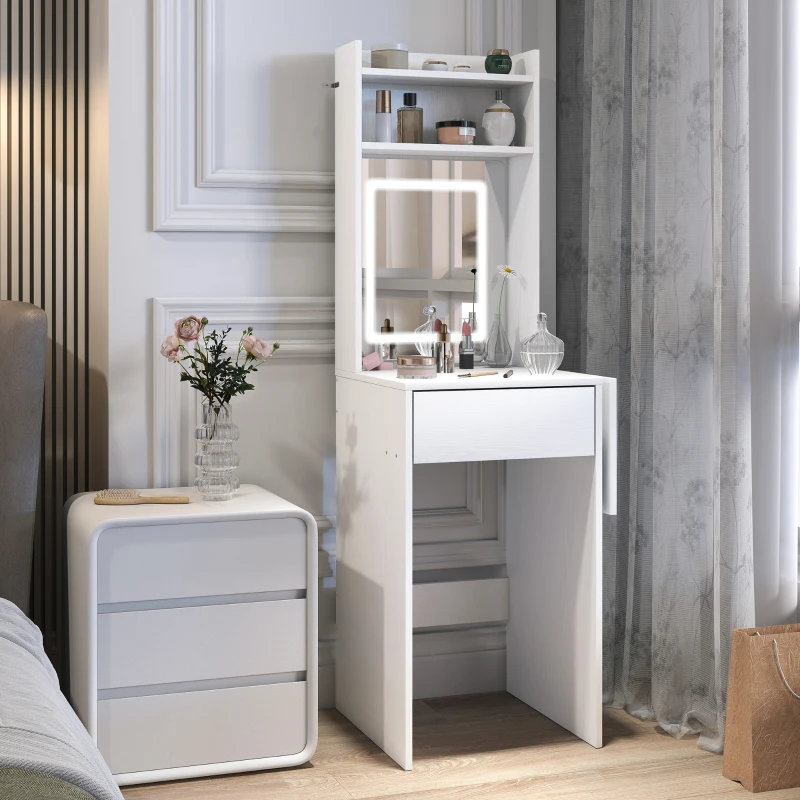 HOMCOM Compacter Make-uptafel met Spiegel en LED-verlichting, opklapbaar tafelblad, open planken, lade, MDF, Wit(m-2)