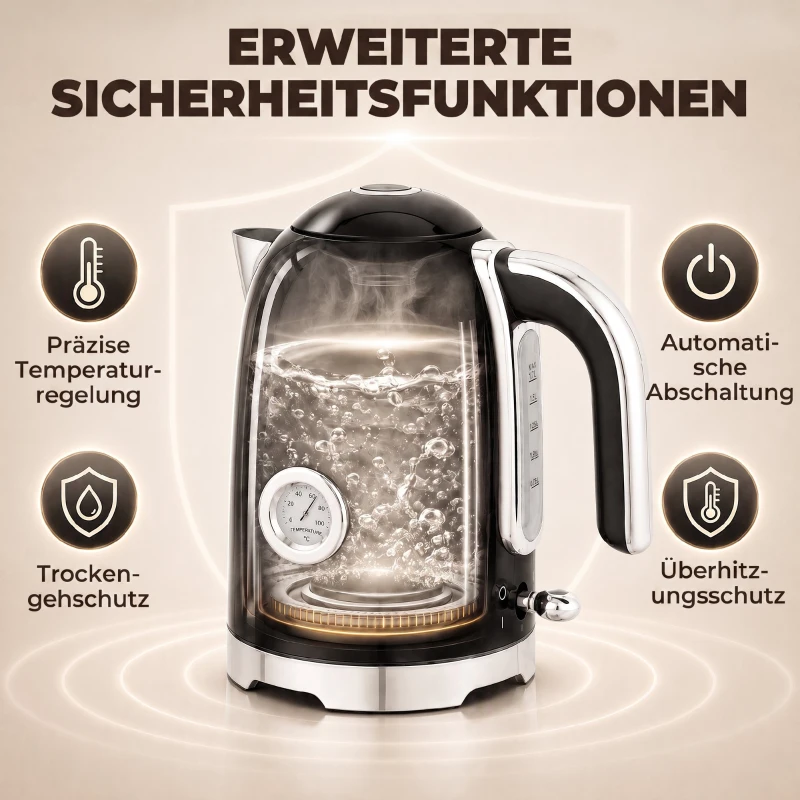 HOMCOM Wasserkocher und Toaster Set mit Thermometer, 1,7 l, 2200 W Wasserkocher, 2-Scheiben-Toaster mit 7 Bräunungsstufen
