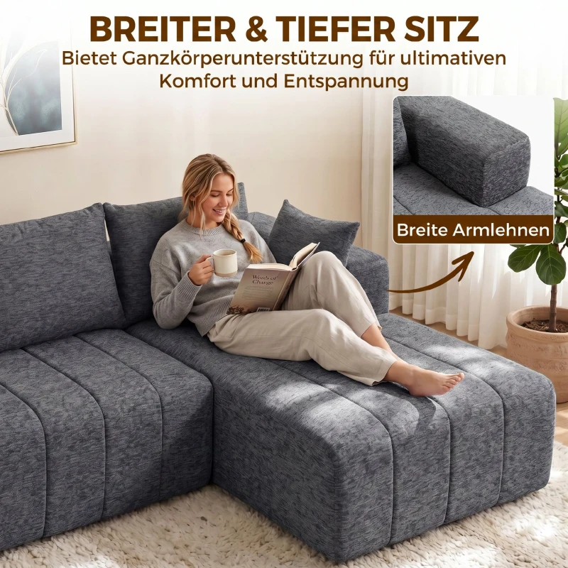 HOMCOM 3-Sitzer Ecksofa in L-Form mit Ottomane, wandelbares Chenille-Cloud-Schlafsofa mit Federkernpolsterung, Grau