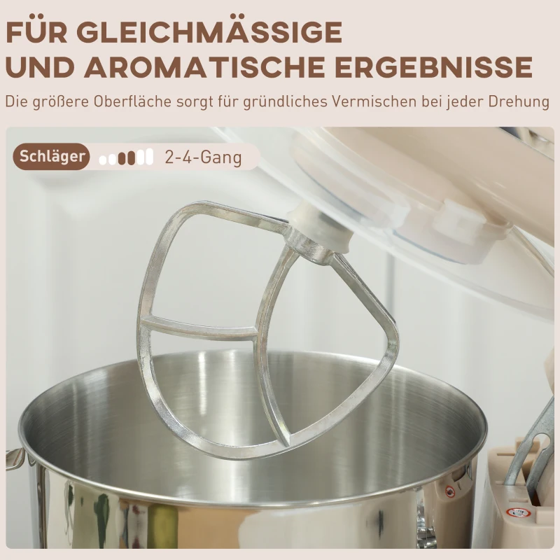 HOMCOM Küchenmaschine Knetmaschine mit 4,5L Edelstahlschüssel 1300W Teigmaschine mit 6+P Geschwindigkeit Beige