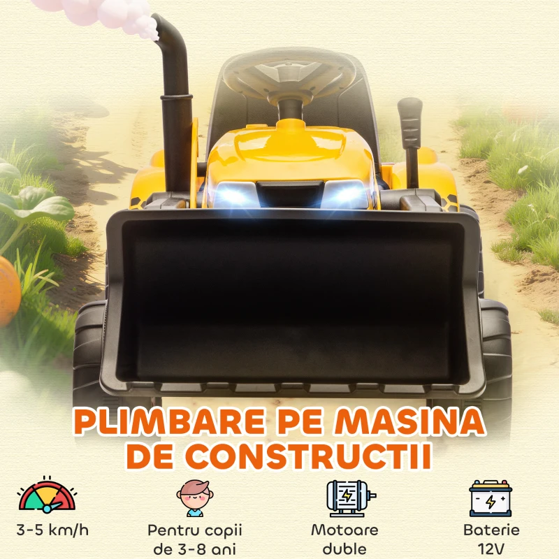 AIYAPLAY Excavator Electric pentru Copii 12V cu Cupă, Remorcă și Telecomandă, Vârsta 3-8 Ani, Galben