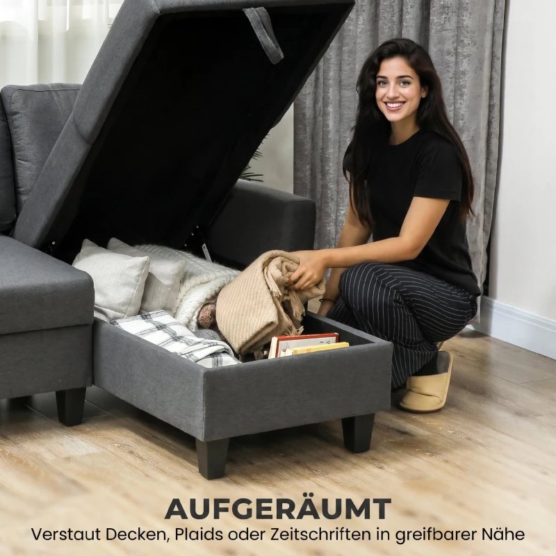 HOMCOM Ecksofa mit Schlaffunktion und Bettkasten L-Form Schlafsofa mit Verwandelbarer Chaiselongue, für Wohnung und Wohnzimmer