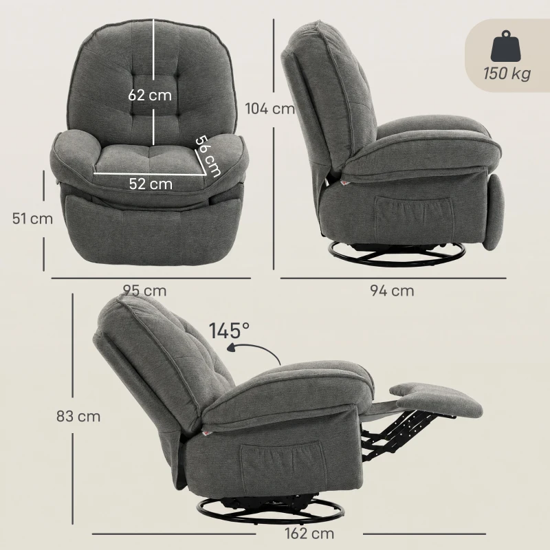 HOMCOM Chenille relaxfauteuil, handmatig verstelbaar, 360° draaibare schommelstoel met brede zitting en hoge rugleuning, lichtgrijs