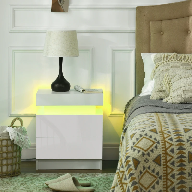 HOMCOM Noptieră cu lumină LED RGB, 2 sertare, 4 moduri de iluminare și 16 culori, din lemn, 45x35x52 cm, Alb