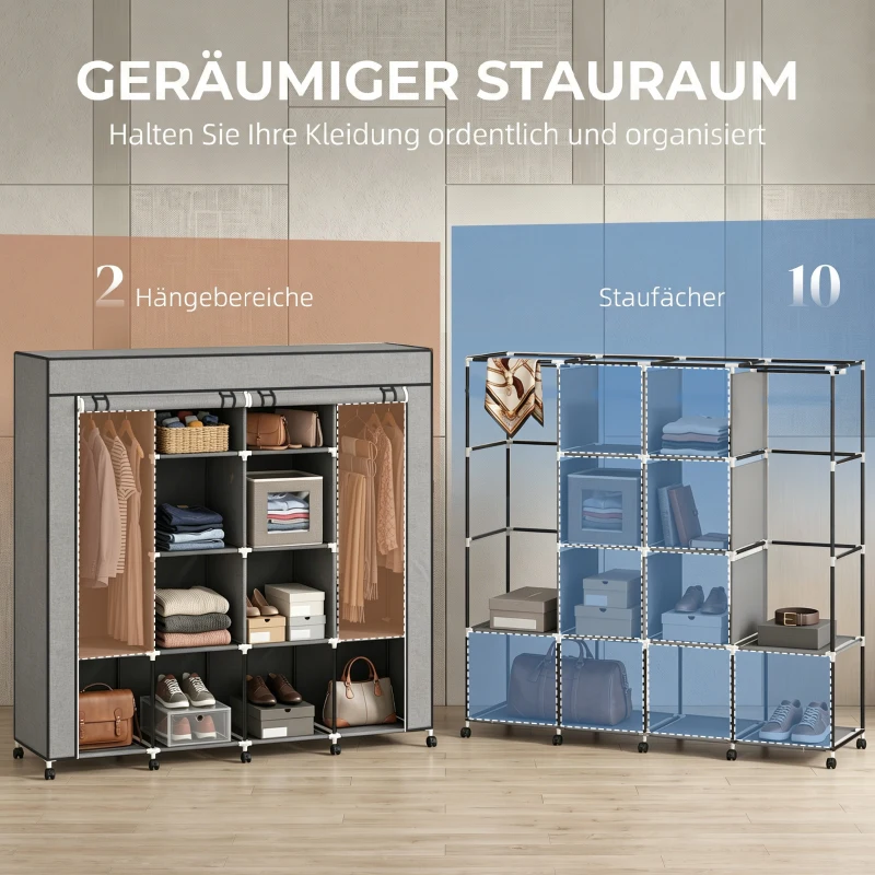 HOMCOM Kleiderschrank Stoffschrank, Türen, 2 Kleiderstangen, 10 Fächer, Grau