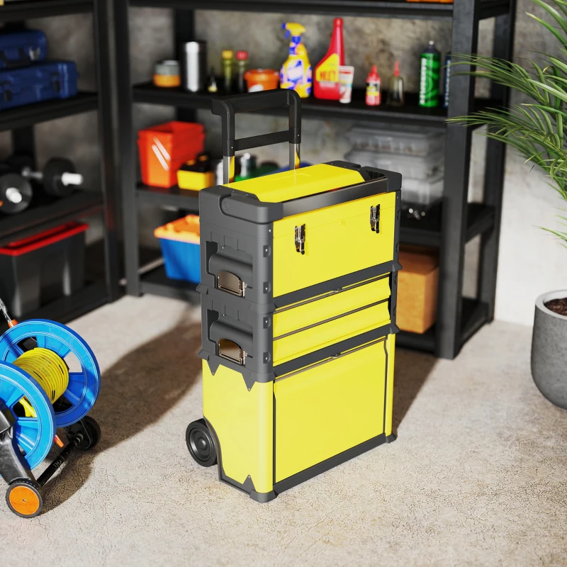 HOMCOM Lot de 3 boîtes à outils sur roulettes empilables et modulaires en acier avec plateau, poignées et serrure, jaune