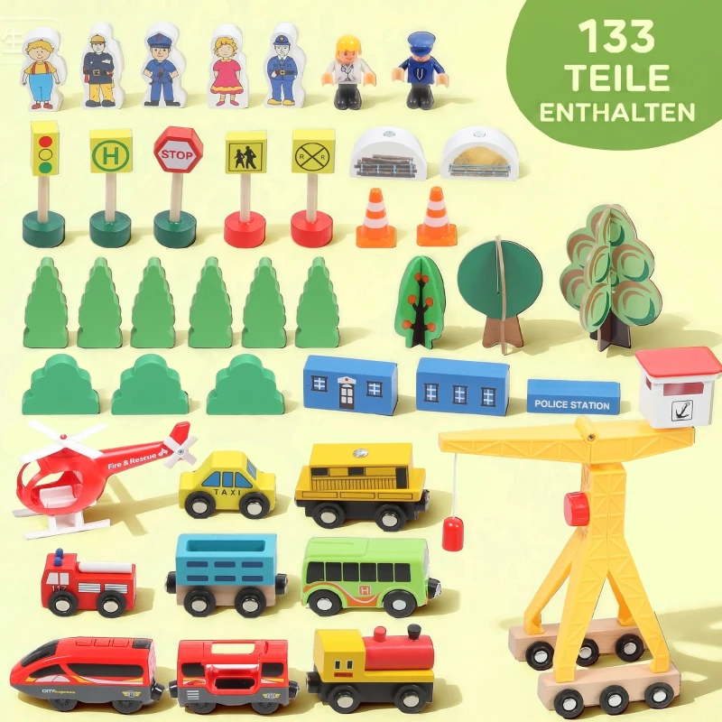 AIYAPLAY Holzeisenbahn Set 133 Stück Eisenbahn Set mit Elektrische Lok Zügen Grundplatte, Schienen Kran Brücke Kleinkinder ab 3