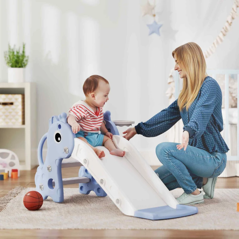 AIYAPLAY Scivolo per Bambini con Scaletta, Canestro da Basket e Pallone, Design Giraffa, per Bambini 1-3 Anni, Blu