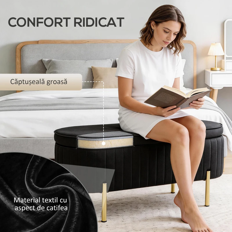HOMCOM Bancă de Depozitare Ovală 72L cu Capac Rabatabil, din Catifea și Lemn, 108 x 44 x 43,5 cm, Negru