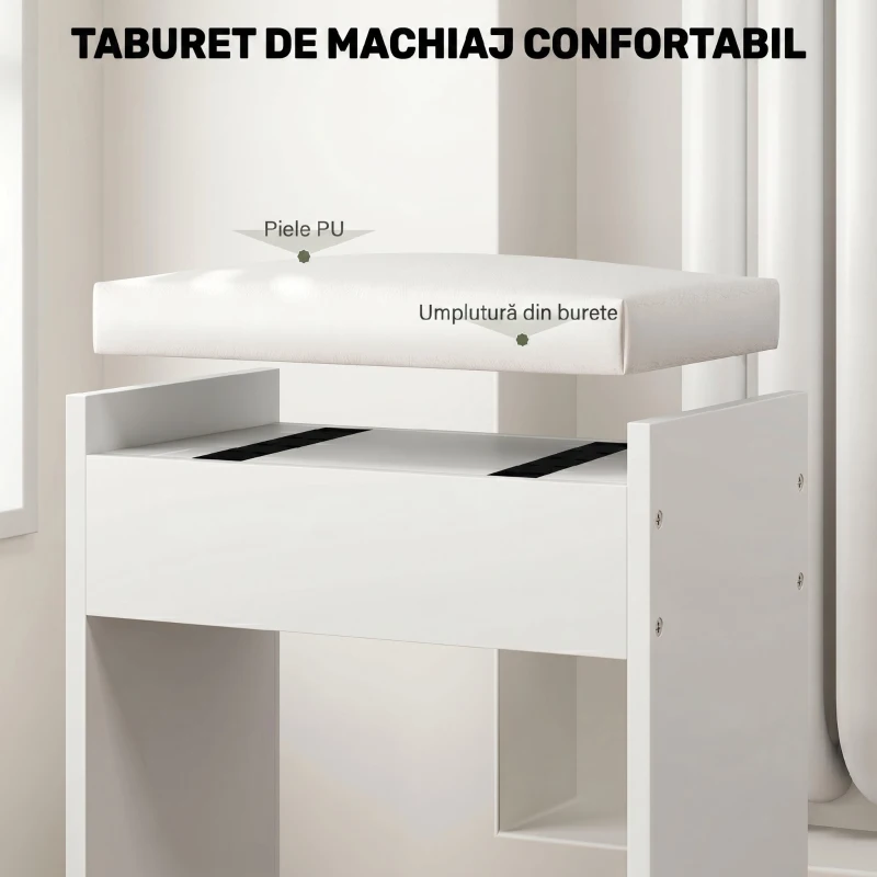 HOMCOM Set Masă de Toaletă cu Oglindă și 5 Sertare 97,2x44,5x136,5 cm și Taburet Căptușit 40x24x46 cm, Alb