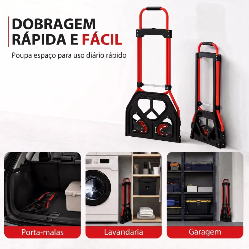 HOMCOM Carrinho de Carga Dobrável com Pega Telescópica Ajustável, 60 kg, com Rodas, para Garagem e Escritório, Vermelho