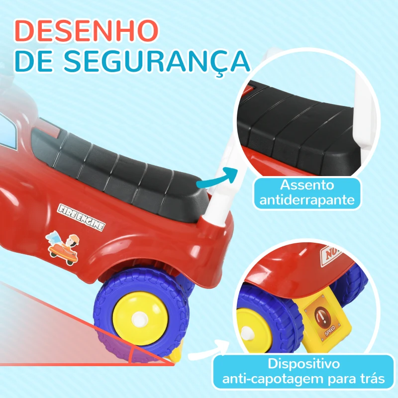 AIYAPLAY Carro Andador para Crianças com Desenho de Camião de Bombeiros 3 Luzes Música e Compartimento de Arrumação 49x24x42 cm Vermelho
