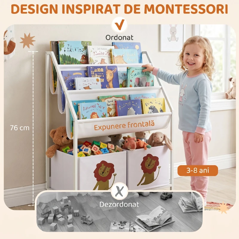 AIYAPLAY Bibliotecă Montessori pentru Copii 3-8 Ani cu 4 Rafturi și 2 Cutii cu Imprimeu Leu, Alb
