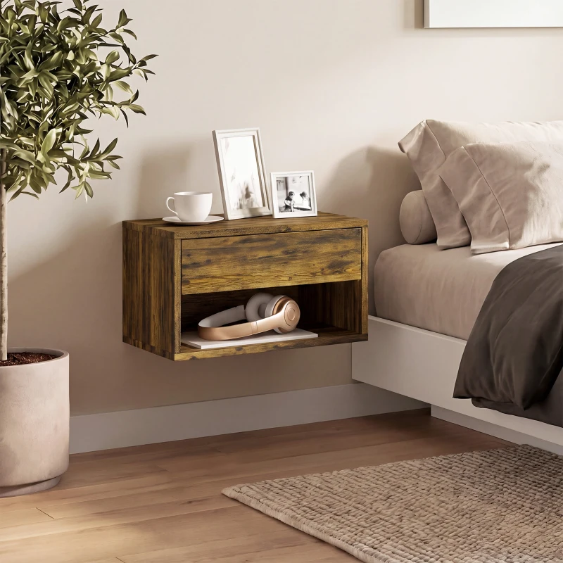 HOMCOM Wall Mounted Nightstands, Floating Bedside Tables Set of 2 with Drawer and Open Shelf for Bedroom, Rustic Brown