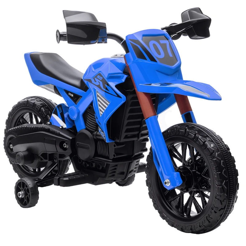 AIYAPLAY Motocicletă electrică pentru copii 3-8 ani, cu 2 motoare 12V, roți ajutătoare și claxon, 3 km/h, 30 kg, albastru