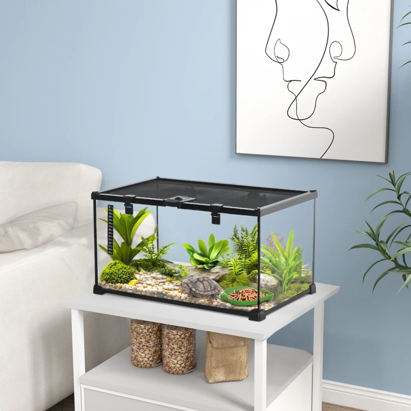 PawHut Reptielenbox Terrarium, inclusief streepjesthermometer, voederluiken, 50 cm x 30 cm x 25 cm, glas + metaal, zwart