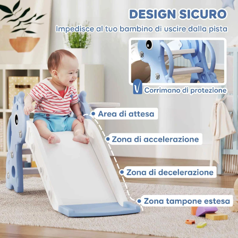 AIYAPLAY Scivolo per Bambini con Scaletta, Canestro da Basket e Pallone, Design Giraffa, per Bambini 1-3 Anni, Blu