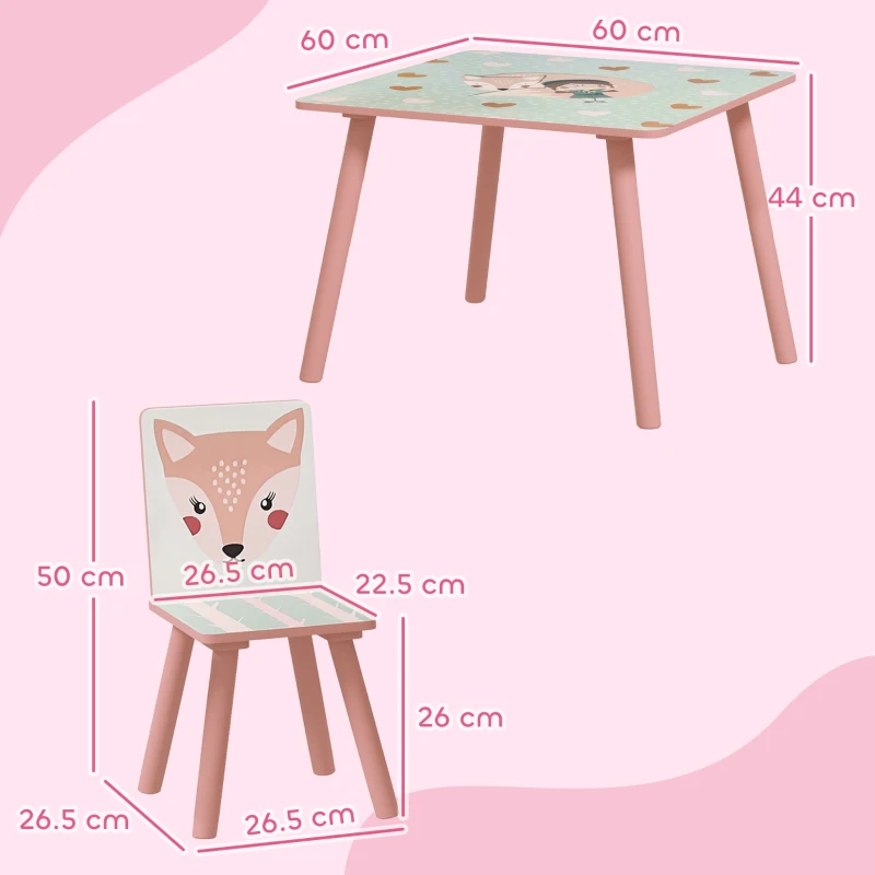 ZONEKIZ Set Masă și Scaune 3 Piese pentru Copii 3-8 Ani din MDF și Lemn de Pin cu Desene Animale, Roz
