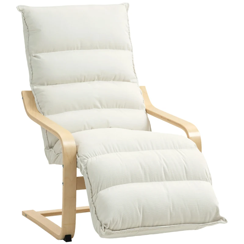 HOMCOM Loungestoel van berkenhout, gestoffeerde stoel met verstelbare voetensteun, moderne armleuningstoel, creme wit