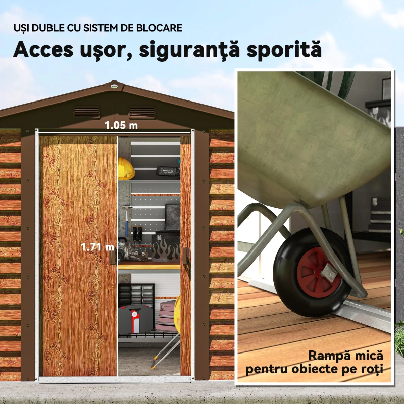 Outsunny Căsuță de Grădină Porta Unelte cu Uși Glisante și Părți cu Efect de Lemn, 2.3x1.5x2 m, Maro