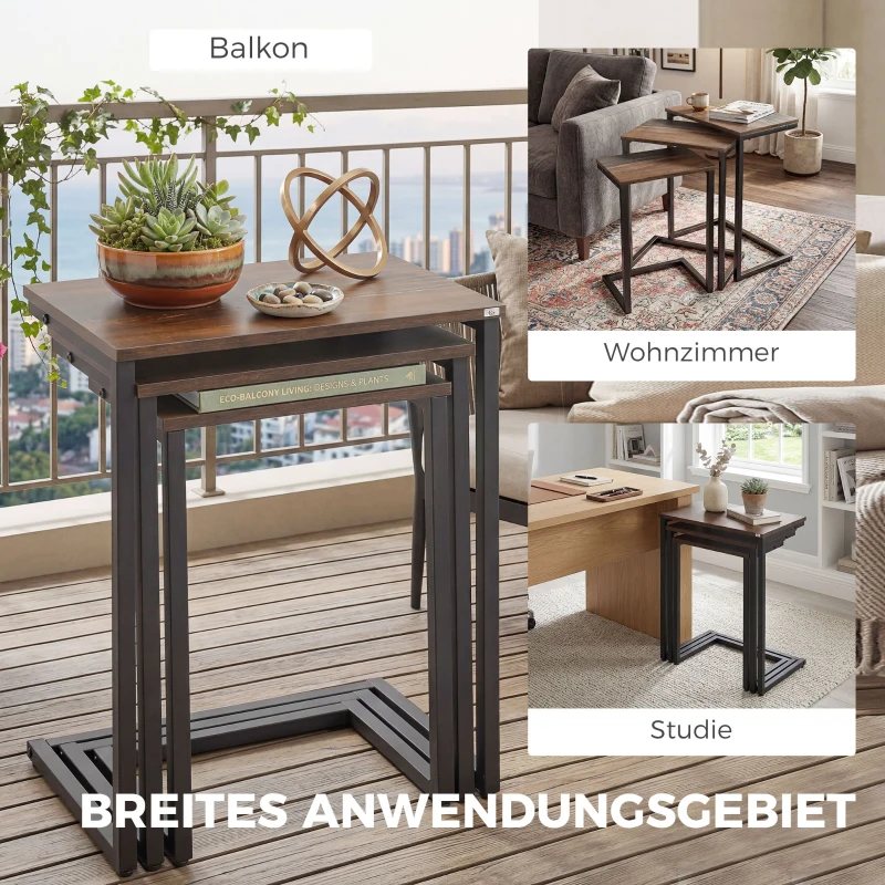HOMCOM Satztisch, Beistelltisch, 3er-Set, Industrial Design, Stahlrahmen, braun+schwarz, 45 x 30 x 60cm