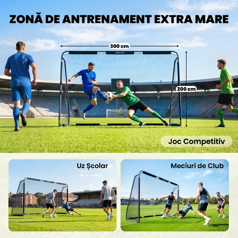 SPORTNOW Poartă de Fotbal 3x2 m, cu Plasă Rezistentă și Cadru Metalic Stabil, Negru