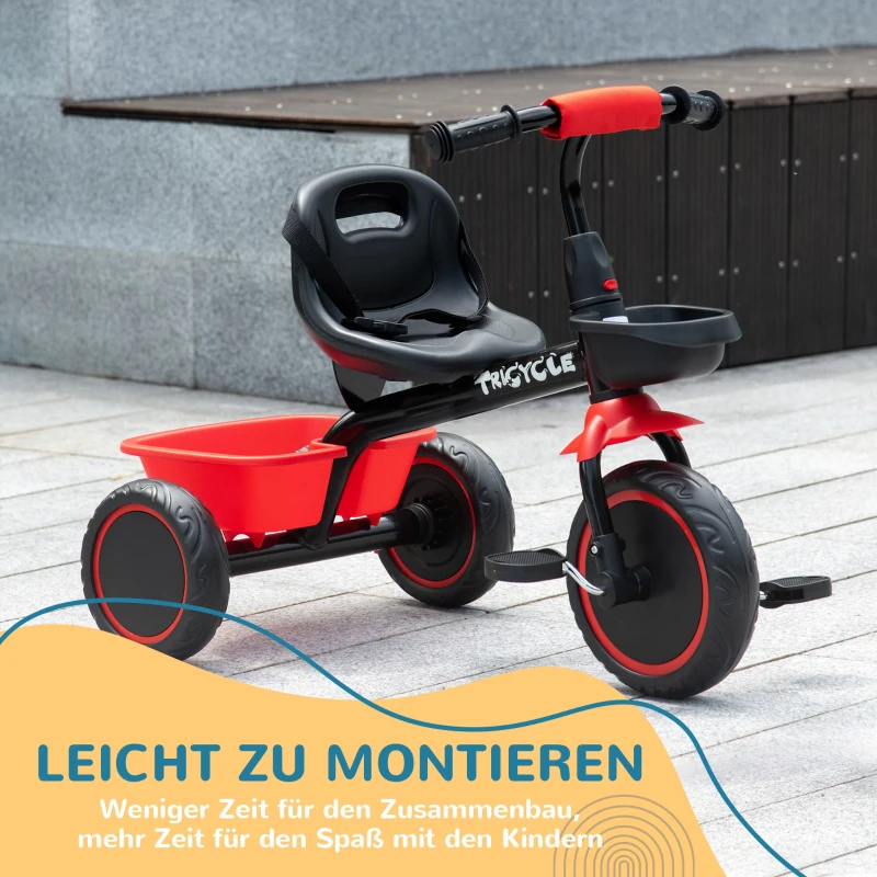 AIYAPLAY Kinderdriewieler met heupgordel, 2 manden, verstelbare zitting, metalen frame, voor kinderen van 2-5 jaar, zwart+rood.