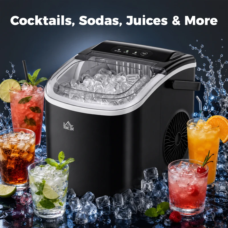 HOMCOM Machine à glaçons, 12kg en 24h, 9 glaçons en 6-12 minutes, ice maker avec poignée, panier et pelle, 22,2x29,4x29cm, noir