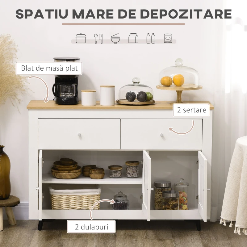 HOMCOM Bufet din Lemn cu 2 Sertare și 2 Dulapuri, 117x35x80 cm, Alb și Finisaj Lemn