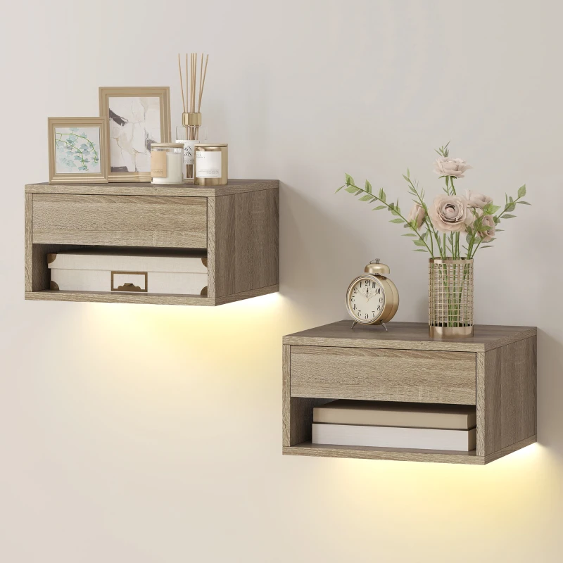 HOMCOM Set 2 Comodini Sospesi con LED RGB Integrati e Regolabili con APP, Cassetto e Ripiano, 37x32x21 cm, Color Legno