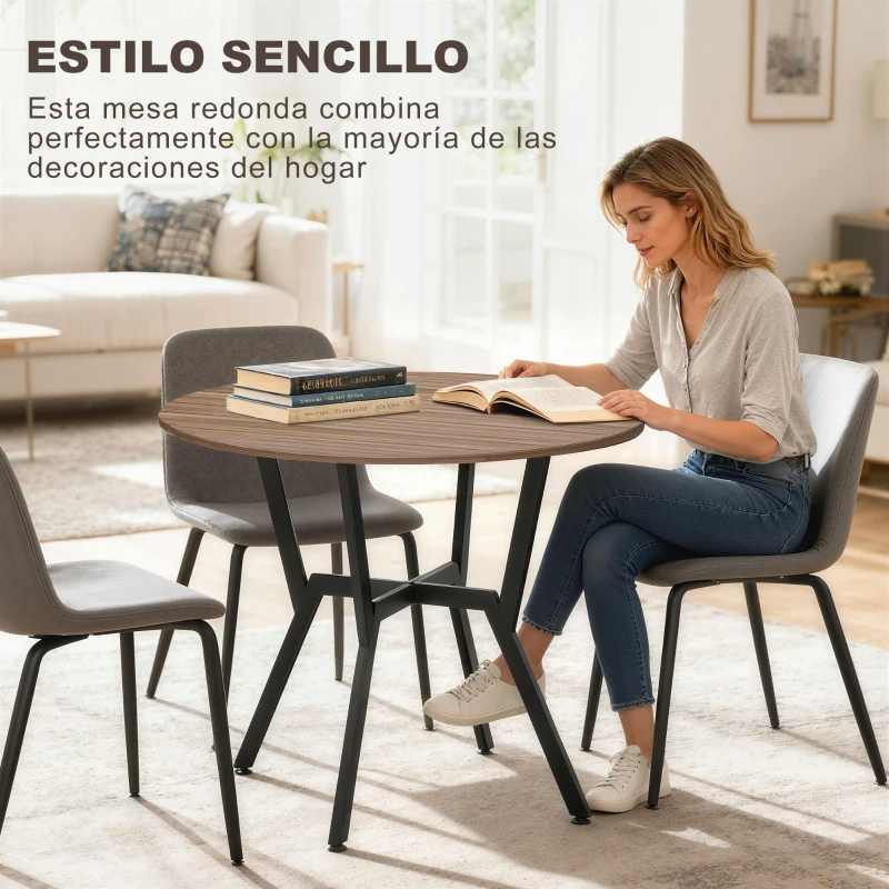 HOMCOM Mesa de Comedor Redonda de Estilo Industrial con Encimera de Madera y Marco de Acero Ø90x76 cm Marrón