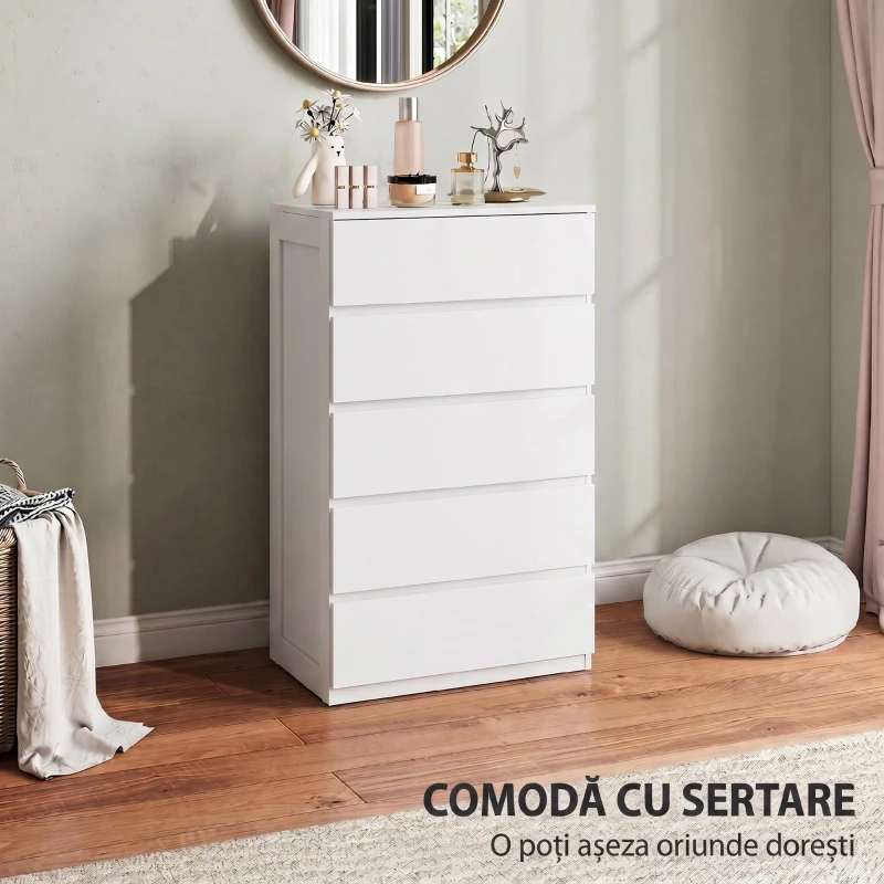 HOMCOM Comodă cu 5 Sertare din Lemn cu Mânere Incorporate, 60x38x100 cm, Alb(m-4)