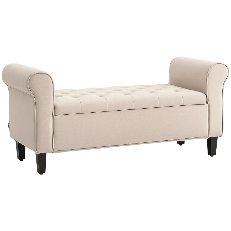 HOMCOM Bancă Dormitor cu Compartiment de Depozitare și Cotiere Rulate, 126x48.5x57 cm, Bej