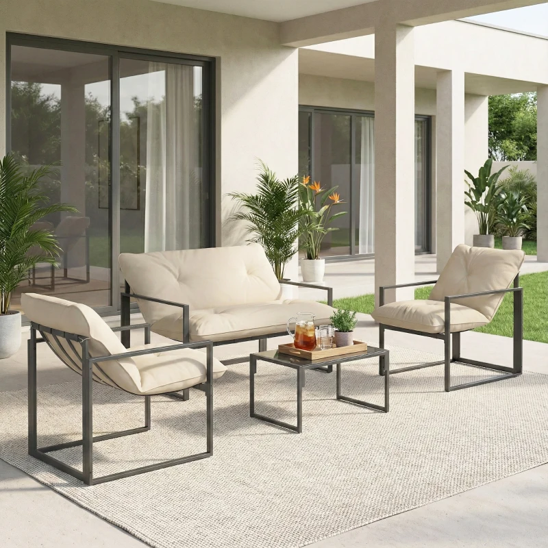Outsunny Set de Mobilier de Grădină din 4 Piese cu Canapea, 2 Fotolii și Măsuță, din Oțel, Poliester și Bumbac PP, Bej și Gri