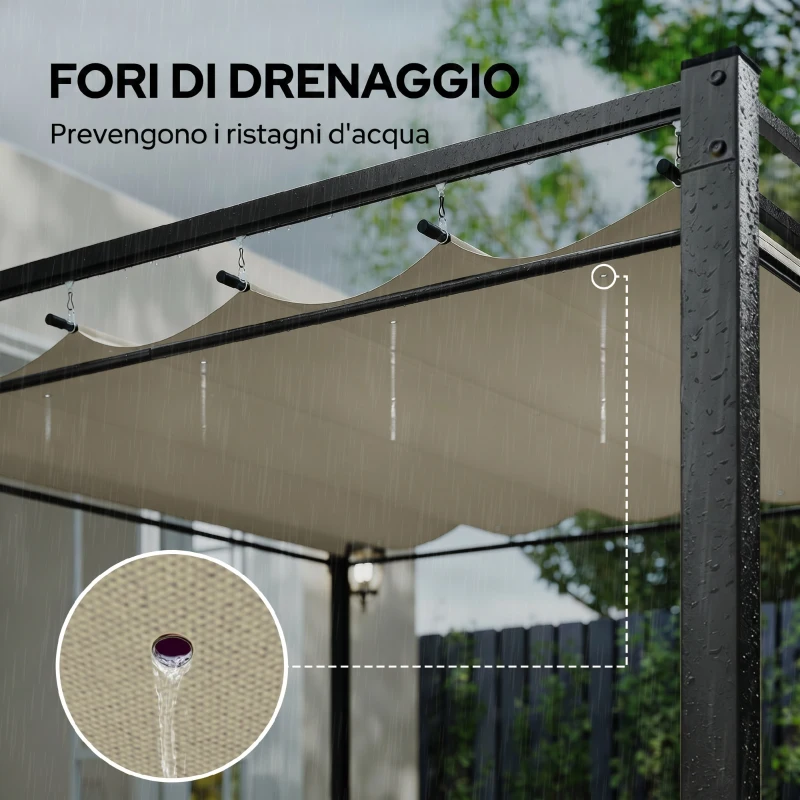 Outsunny Pérgola de Jardín 3x3 m con Techo Retráctil y Cortinas Protección UV30+ Estructura Metálica para Patio Terraza Beige