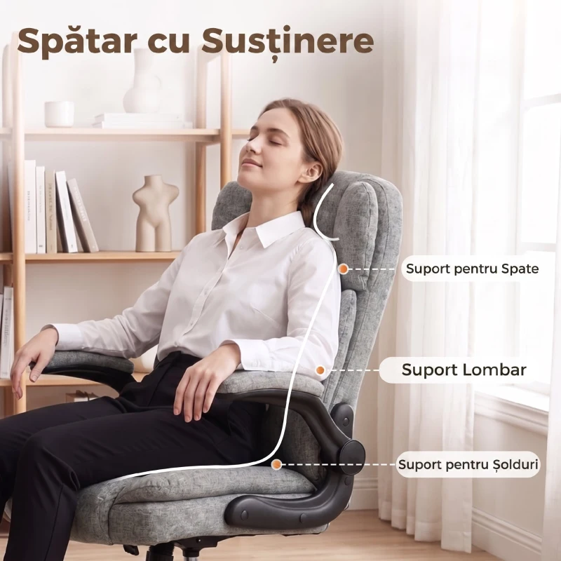 HOMCOM Scaun de Birou Rotativ cu Cotiere Rabatabile, Înălțime Reglabilă, Țesătură cu Aspect de In, Gri