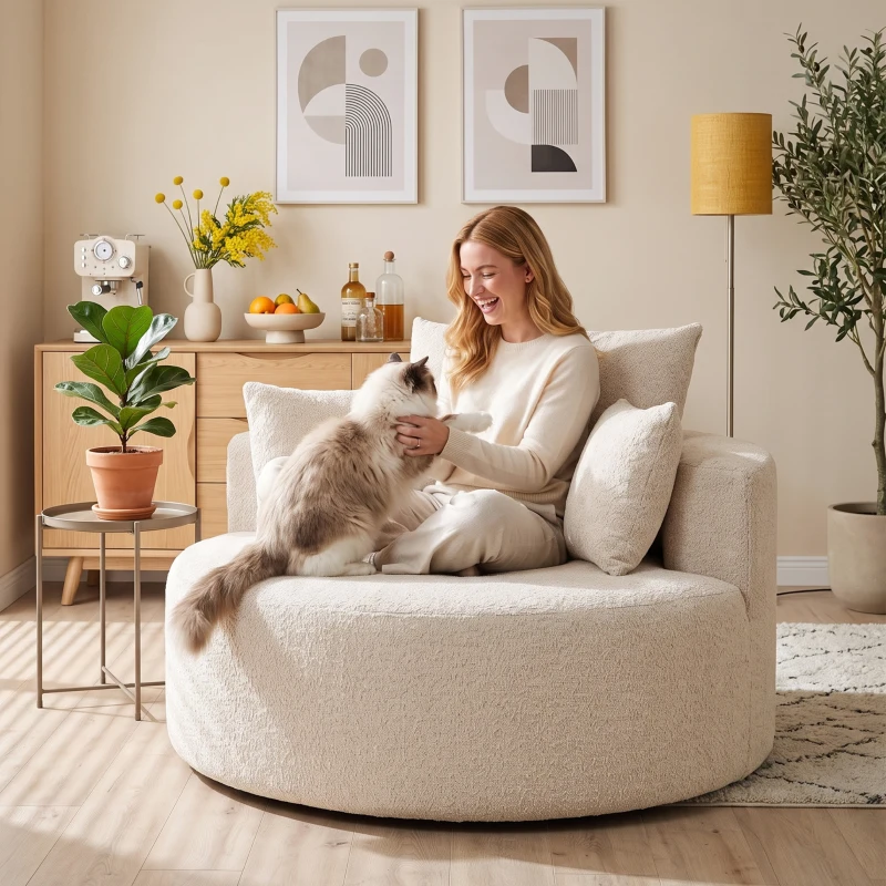 HOMCOM Puf Sofá Redondo en Chenilla, Asiento Grande, 2 Cojines, 1 Respaldo, 1 Cojín Cilíndrico, Carga 250kg, 130x130x82cm, Crema