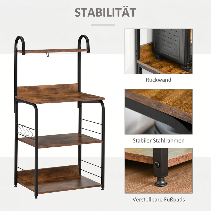 HOMCOM Küchenregal, Standregal mit 3 Ablagen, 4 Haken, Mikrowellenregal für Küche, Esszimmer, Rustikal-Braun, 60 x 40 x 125 cm