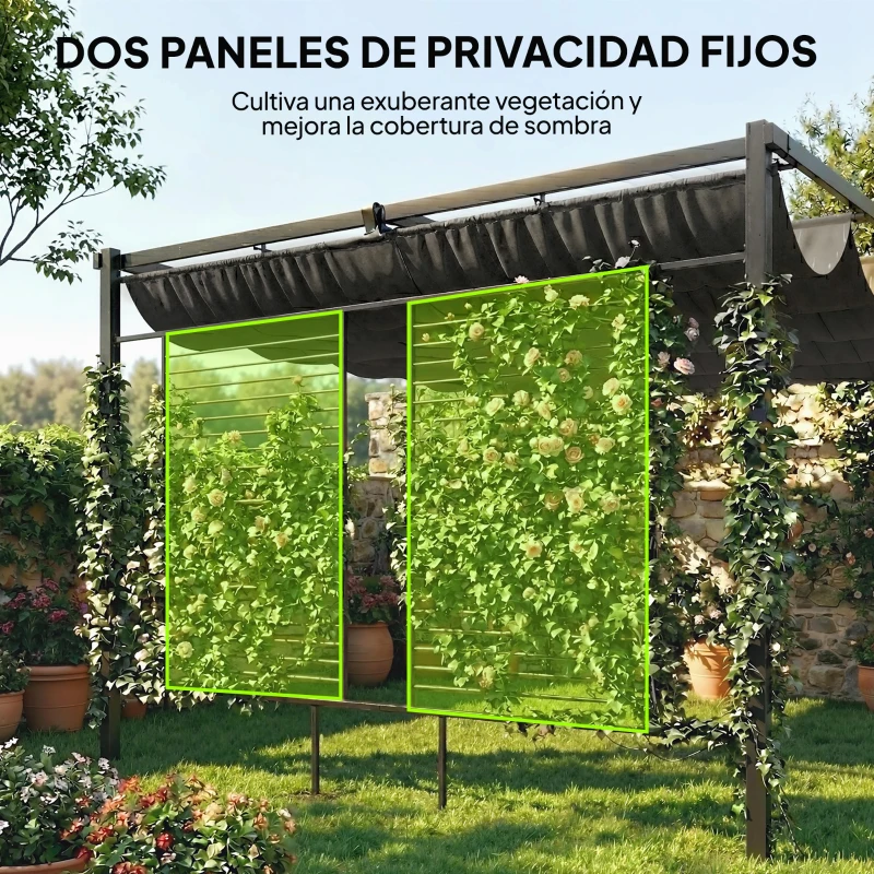 Outsunny Pérgola de Jardín 4x3 m con Techo Retráctil 2 Paneles de Privacidad UPF50+ Cenador de Jardín para Patio Exterior Gris