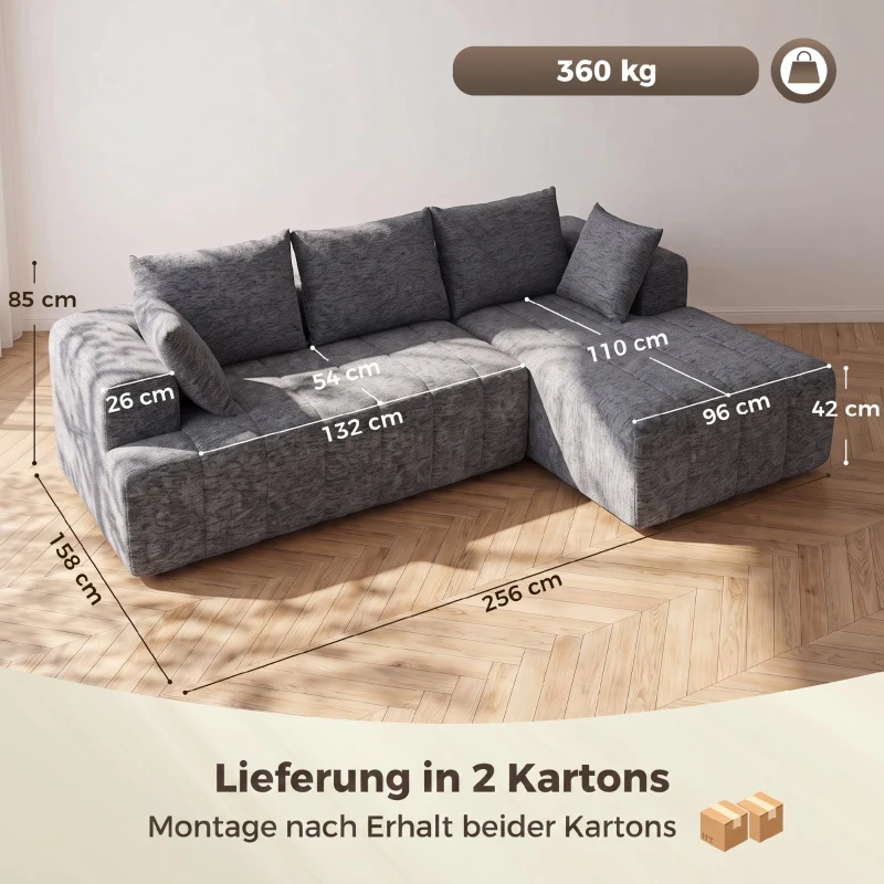 HOMCOM 3-Sitzer Ecksofa in L-Form mit Ottomane, wandelbares Chenille-Cloud-Schlafsofa mit Federkernpolsterung, Grau