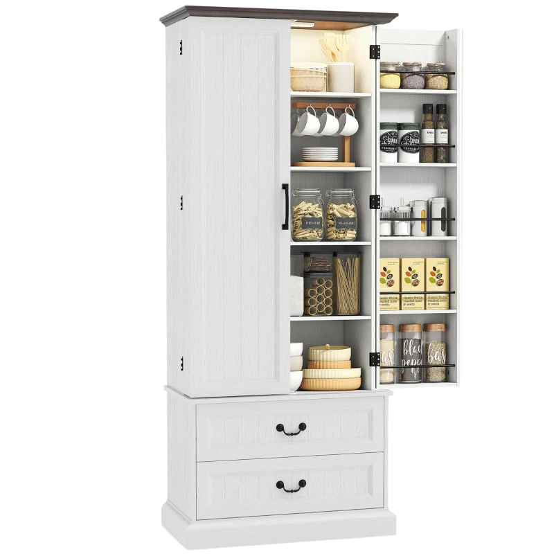HOMCOM Buffet haut cuisine, armoire de cuisine, LED à capteur, 2 portes, tiroirs et étagères réglables, 76x39,5x183cm, blanc(m-11)