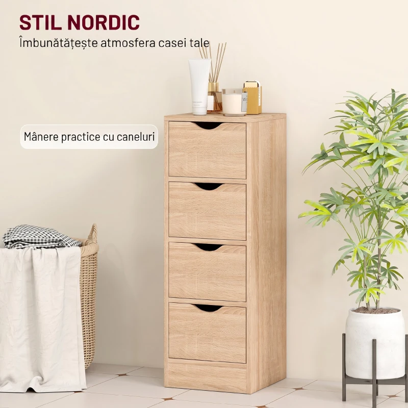 HOMCOM Dulap de Baie Economisitor de Spațiu cu 4 Sertare și Mânere Sculptate Stil Nordico, 29x29x83 cm, Lemn Natural