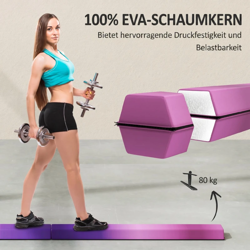 SPORTNOW Schwebebalken 236 cm, faltbar, rutschfester Boden, für 3+ Jahre, bis 80 kg, Violett+Rosa