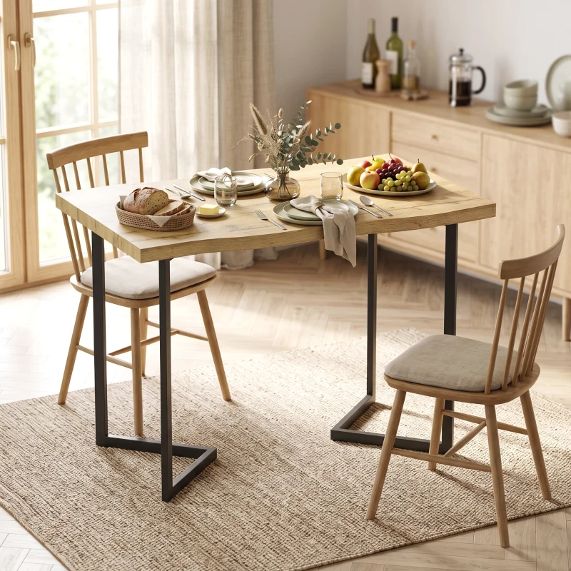 HOMCOM Masă de Dining pentru 2 Persoane cu Blat Gros Picioare Metalice Stil Modern 110x67x75,5 cm Stejar